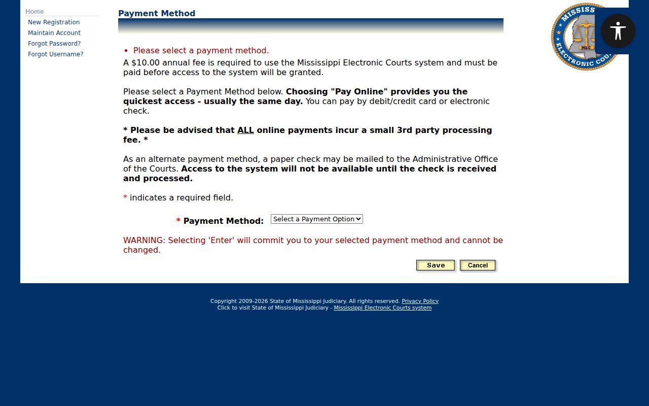 Smith County case search PAMEC payment method screen