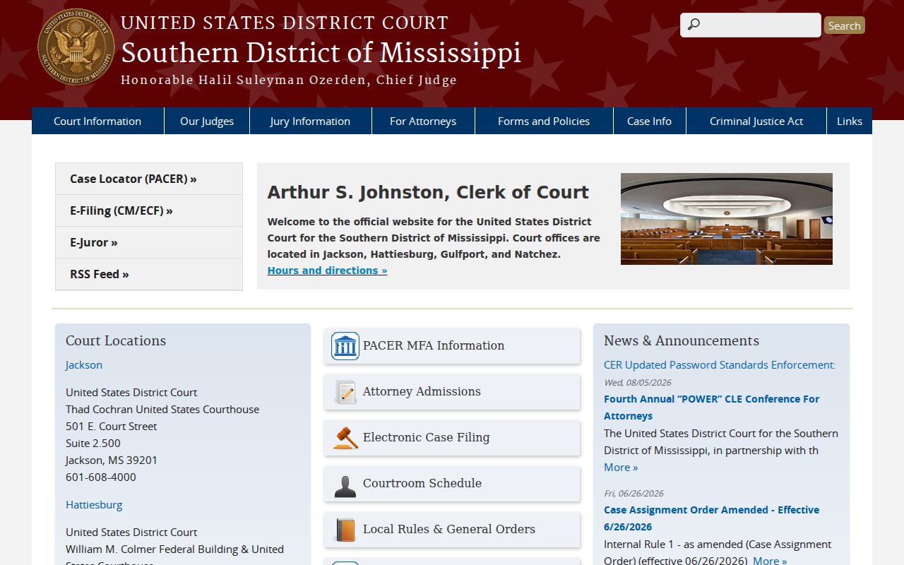 Smith County criminal court docket Southern District of Mississippi federal court